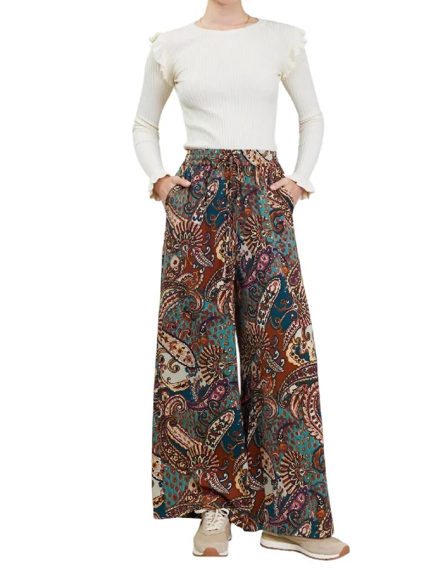 High Elasticized Waist Pants In Brown Multi