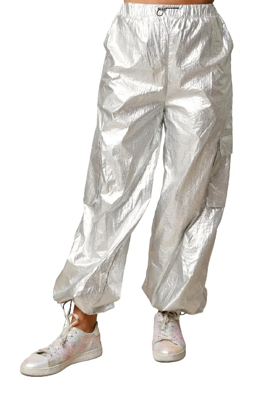 Shiny Foil Parachute Pants In Silver