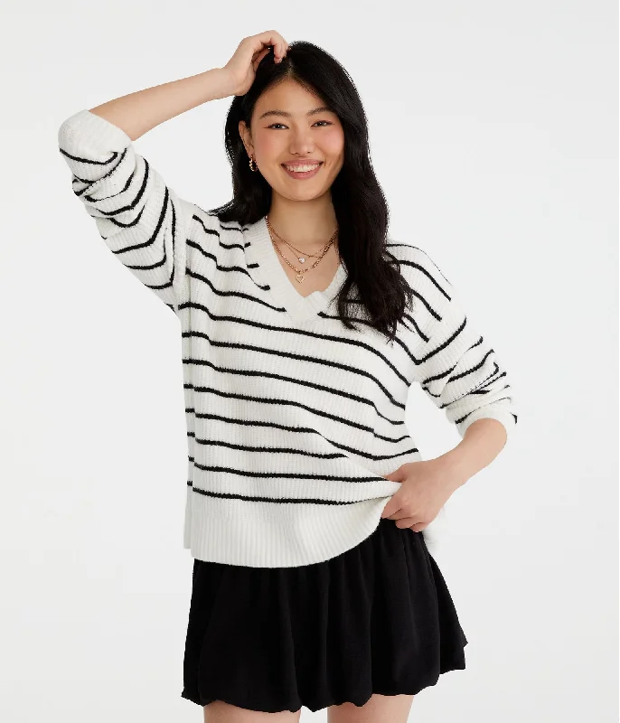 Aeropostale Striped Shaker Knit V-Neck Sweater