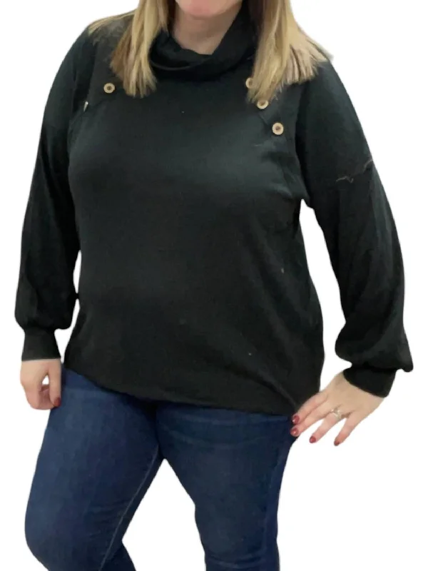 Cowlneck Faux Button Sweater In Black