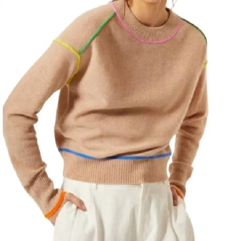 Crew With Multi Color Seams Top In Cappuccino Brights