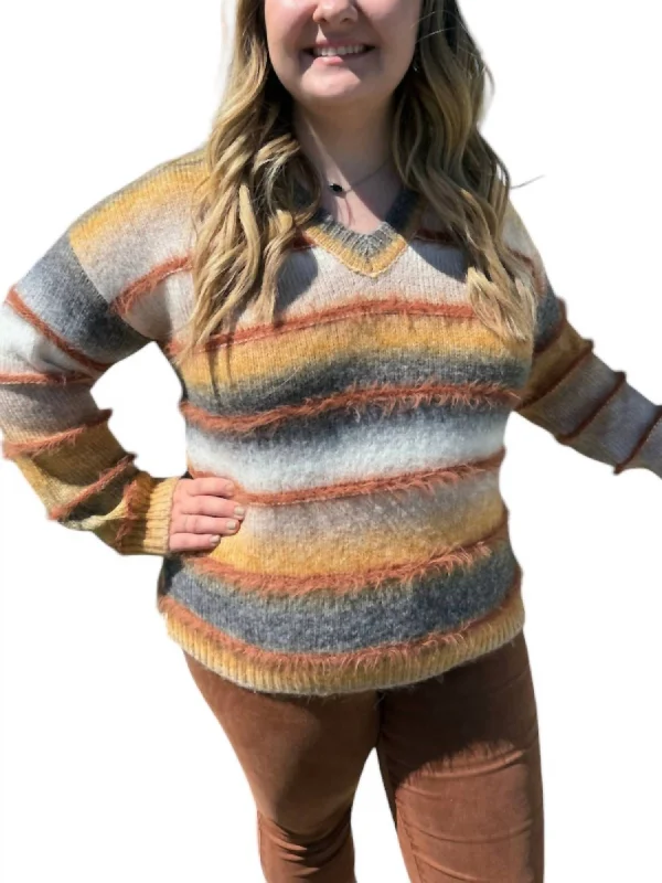 Eyelash Knit Sweater V Neck In Striped