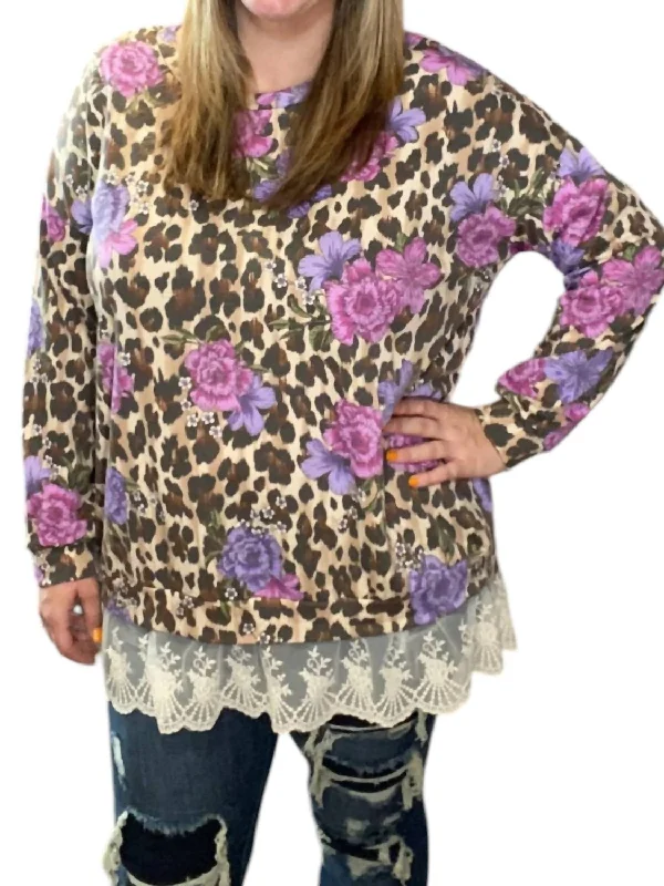 Lace Trim Floral Animal Sweater In Multi Color