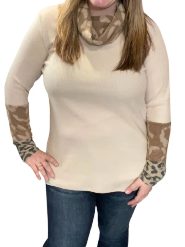 Leopard Accent Cowlneck Sweater In Beige