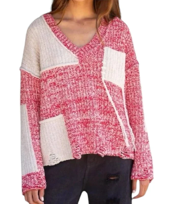 Long Sleeve Oversize Sweater In Red/white