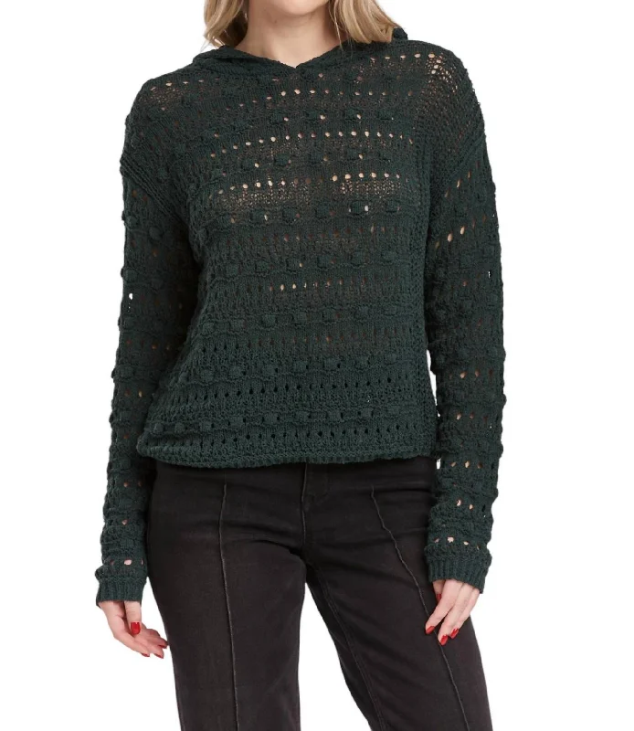 Olsen Pointelle Hoodie Sweater In Dark Moss