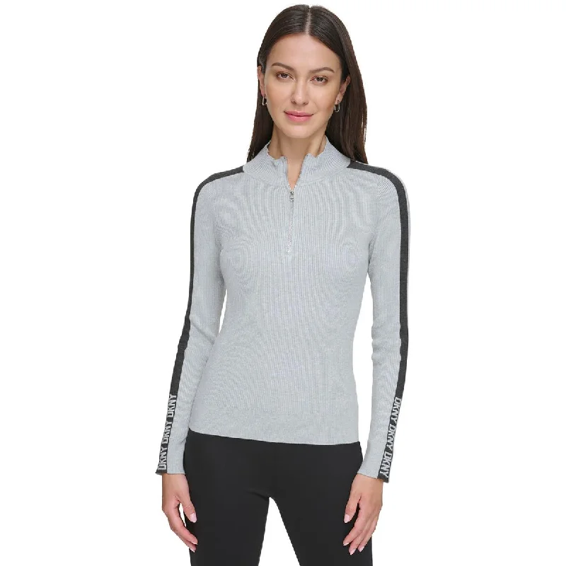 Womens Half-Zip Logo Stripe Mock Turtleneck Sweater