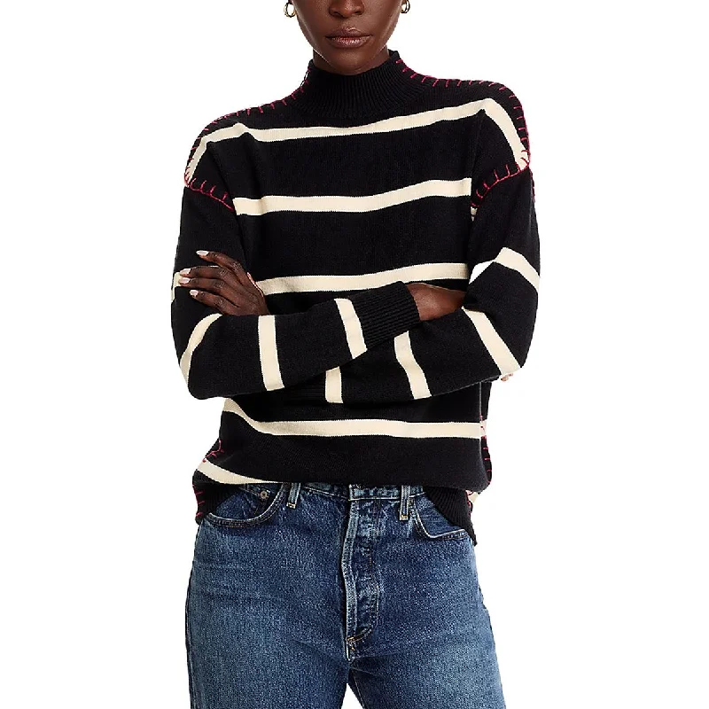 Womens Striped Ribbed Trim Mock Turtleneck Sweater