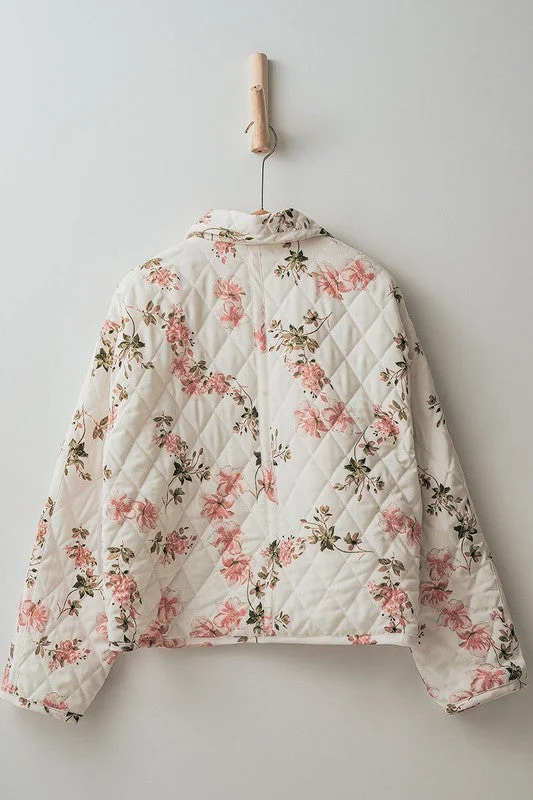 Astrid Long Sleeve Floral Print Quilted Shacket Ivory