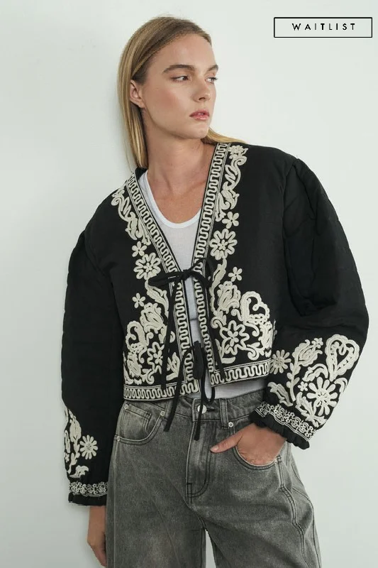 Waitlist 12/20 ♥ Lori Long Sleeve Floral Embroidered Front Tie Quilted Shacket Black